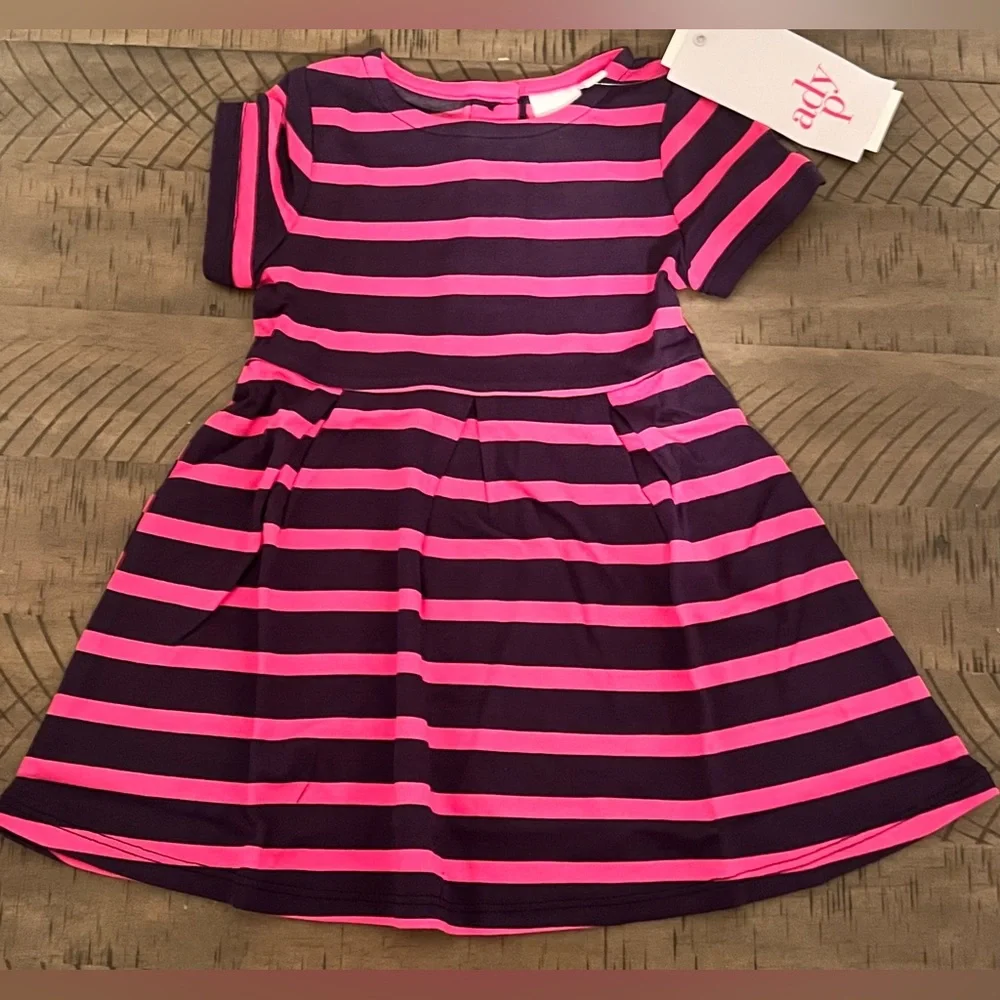 NWT tAdyson Parker - Striped Toddler Dress, Rich Navy Combo Hot Pink, Size: 2T
